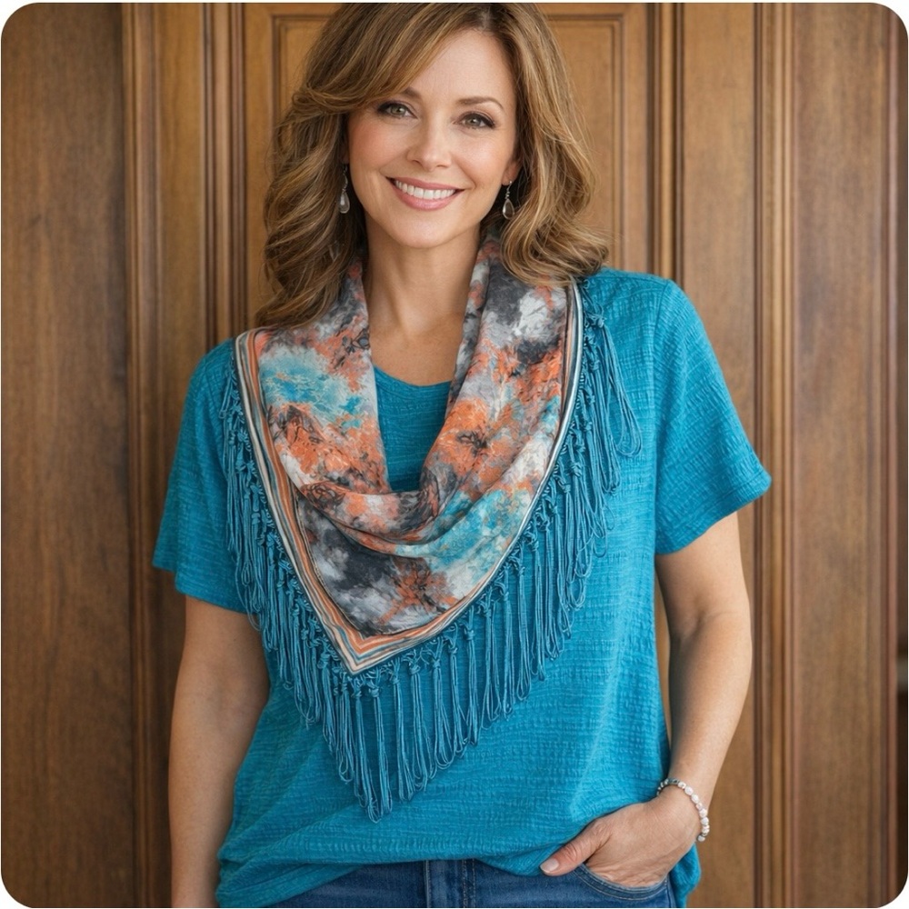 One World Teal Textured Top with Tie Dye Fringe Scarf